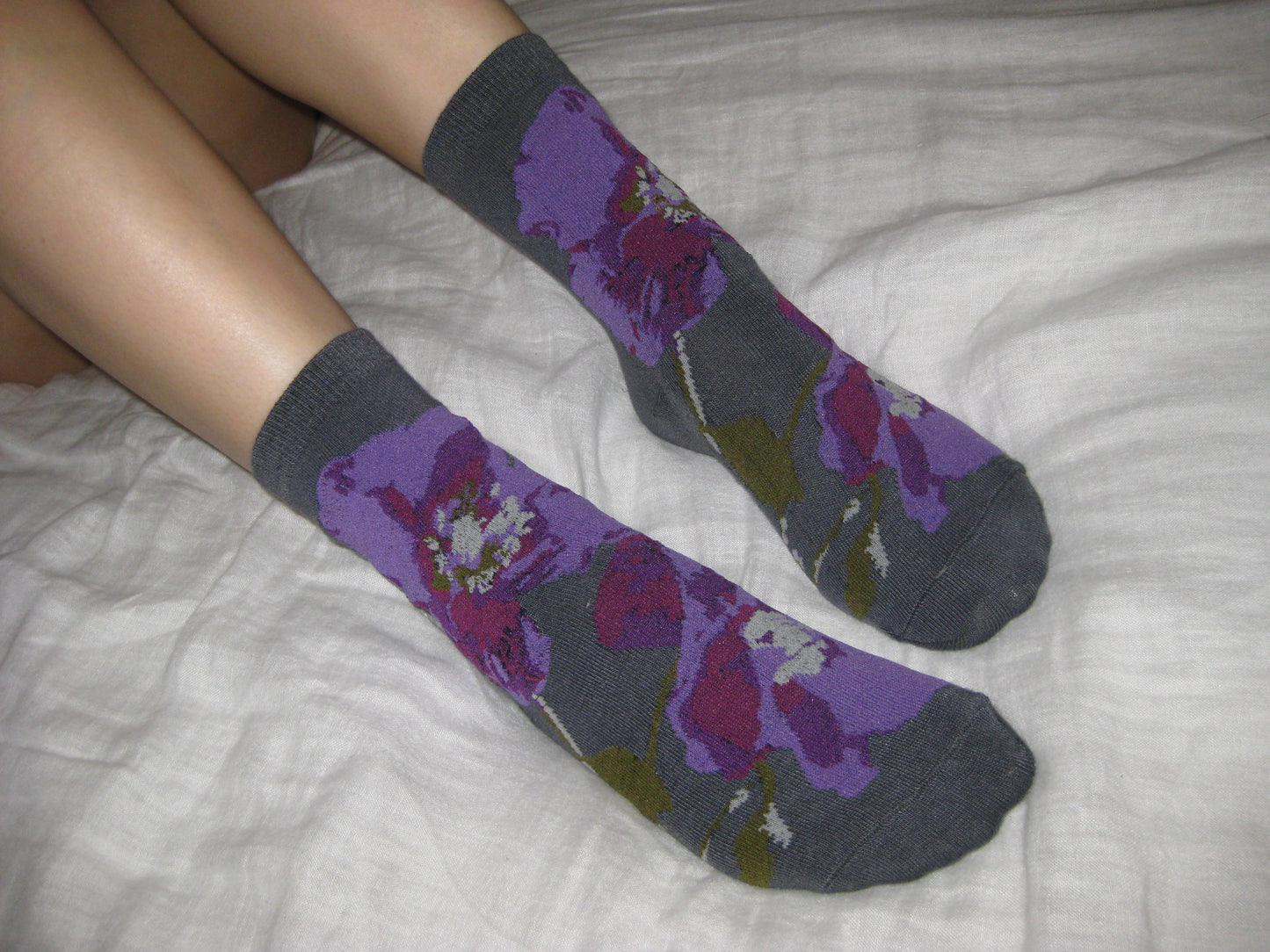 Bold Floral Poppy Socks in Charcoal with Purple Hues