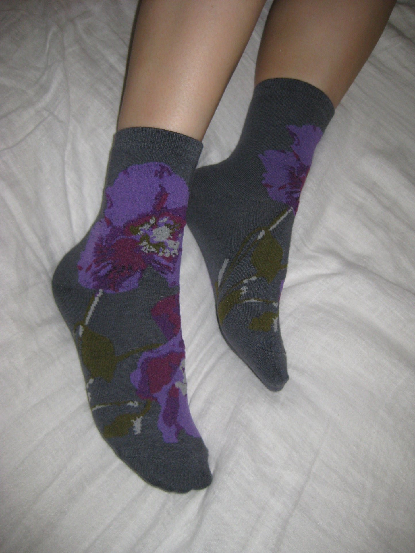 Bold Floral Poppy Socks in Charcoal with Purple Hues